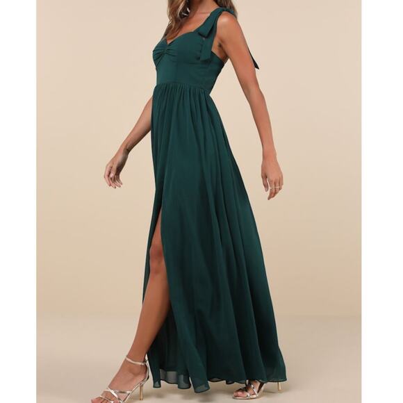 Lulus NWOT Radiant Charisma Emerald Chiffon Ruched Tie-Strap Maxi Dress Medium - Picture 2 of 10